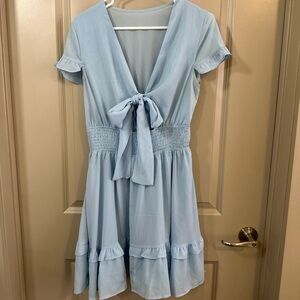 Light Blue Short Sleeve Dress with Tie Front